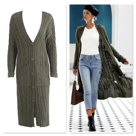 White Cable Knit Cardigan Buttoned with Pockets - Picture 7 of 8